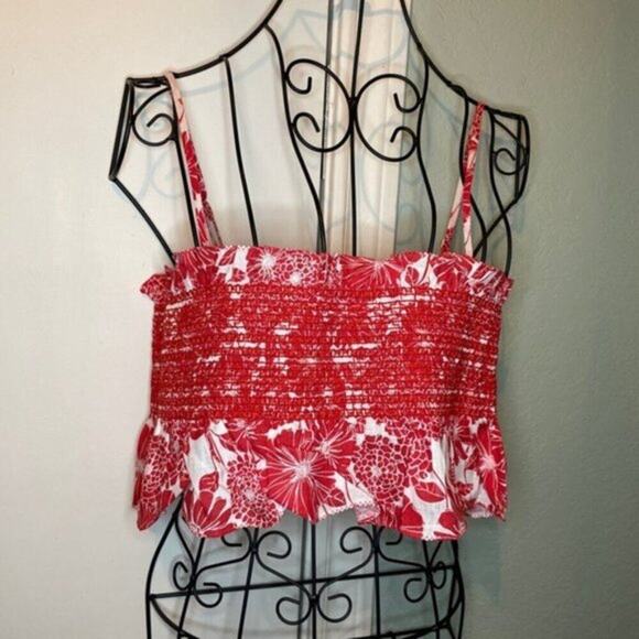 Lisa Marie Fernandez Cropped smocked printed cotton voile top red - Picture 4 of 5